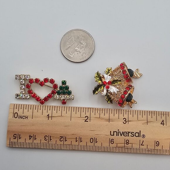 VTG 2PC Christmas Holiday Brooches Gold Silver Tone Colored Rhinestone Festive - Picture 13 of 14
